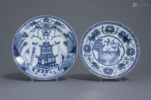 Two Chinese blue and white chargers with different...