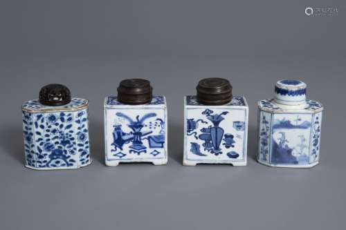 Four Chinese blue and white tea caddies with diffe...