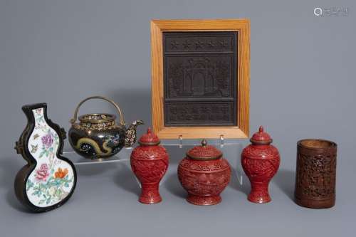 A varied collection Chinese items: a tea block, a ...