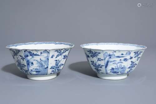 A pair of Chinese blue and white bowls with landsc...