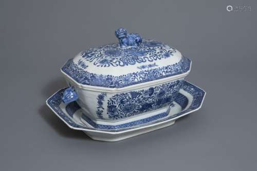 A Chinese blue and white tureen and cover on stand...