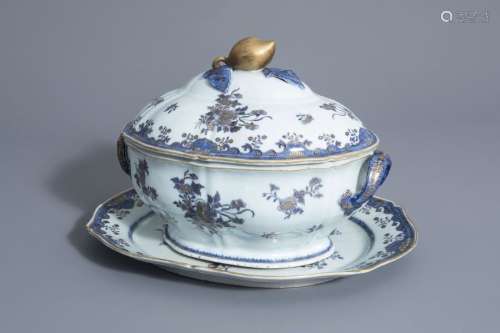 A Chinese blue, white and gilt tureen and cover on...