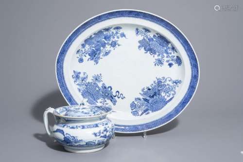 A Chinese blue and white chamber pot and an oval p...