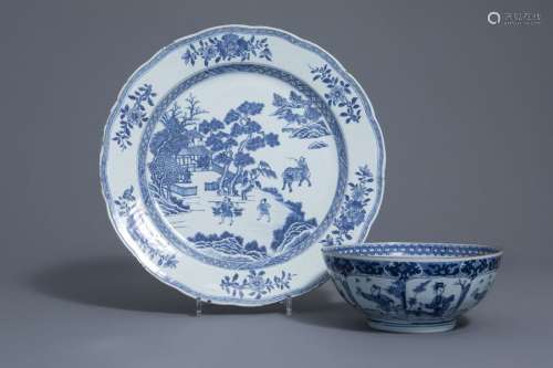A large Chinese blue and white dish and a bowl wit...