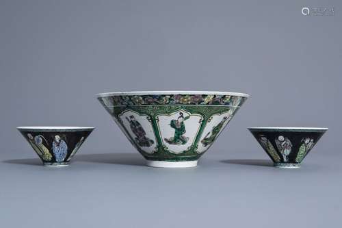 Three Chinese verte biscuit bowls with figurative ...