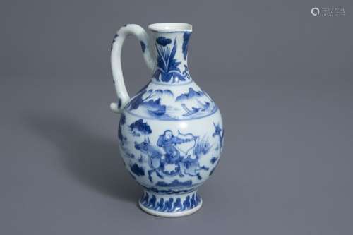 A Chinese blue and white jug with a Mongolian hunt...