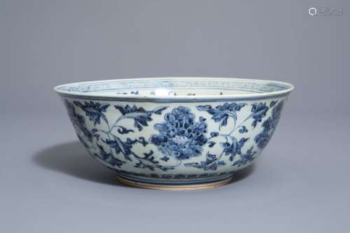 A Chinese blue and white bowl with lotus scrolls, ...