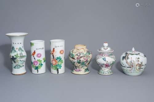 Six Chinese qianjiang cai and famille rose vases, ...