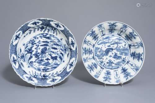 Two Chinese blue and white Swatow chargers with de...