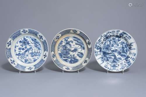 Three Chinese blue and white Swatow dishes with bi...
