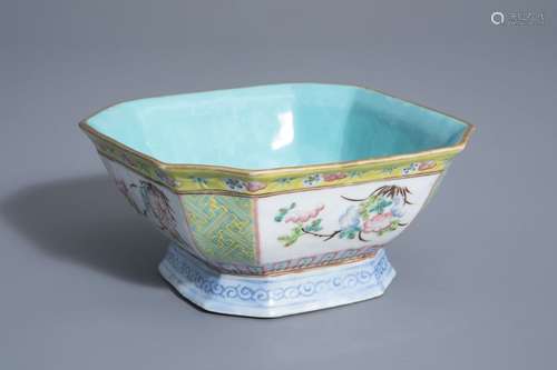 A Chinese famille rose octagonal bowl with floral ...