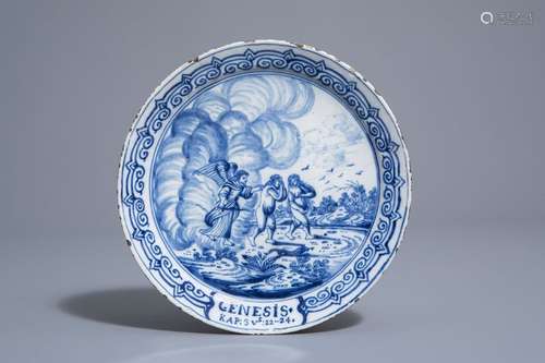 A Dutch Delft blue and white 'Adam and Eve' plate,...