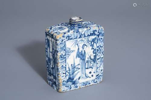 A Dutch Delft blue and white chinoiserie tea caddy...