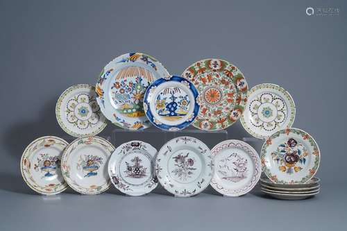 Fifteen polychrome and manganese Dutch Delft plate...