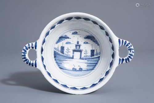 A Dutch Delft blue and white porringer, 18th C.