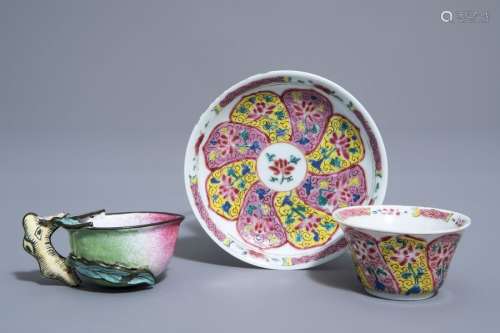 A Chinese famille rose cup and saucer and a Canton...