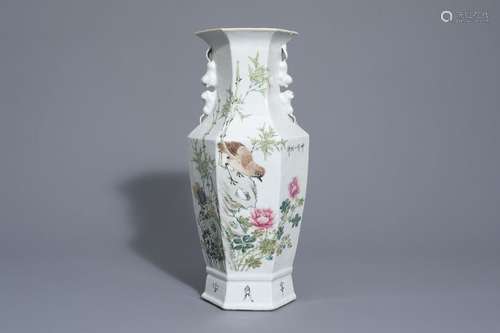 A hexagonal Chinese qianjiang cai vase with a bird...