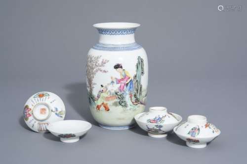A Chinese famille rose eggshell vase and six 'Wu S...