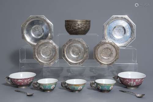 Five Chinese famille rose and silver cups and sauc...