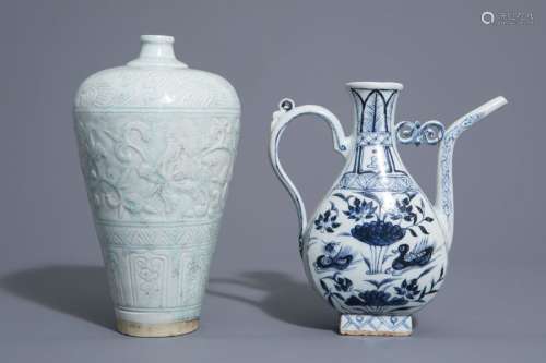 A Chinese blue and white jug and a qingbai vase in...