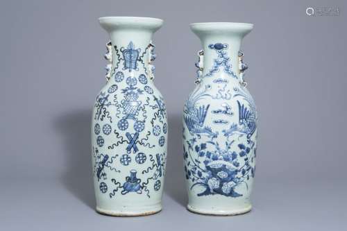 Two Chinese blue and white celadon ground vases wi...