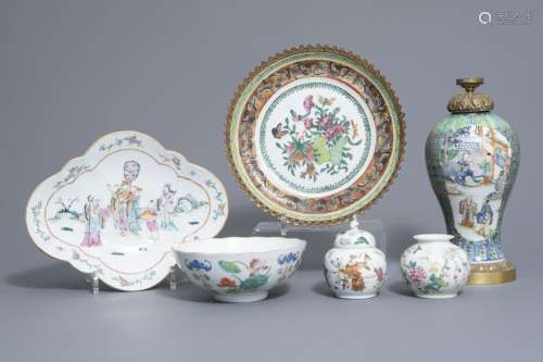Three Chinese famille rose vases, two bowls and a ...