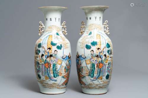 A pair of Chinese famille rose vases with ladies p...