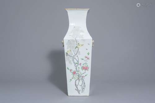 A Chinese square famille rose vase with birds on b...