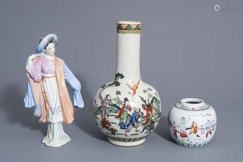 A Chinese famille verte crackle vase, a famille ro...