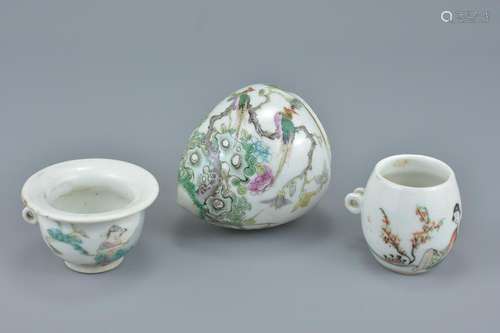 Three Chinese 19/20th Century porcelain bird feeders in