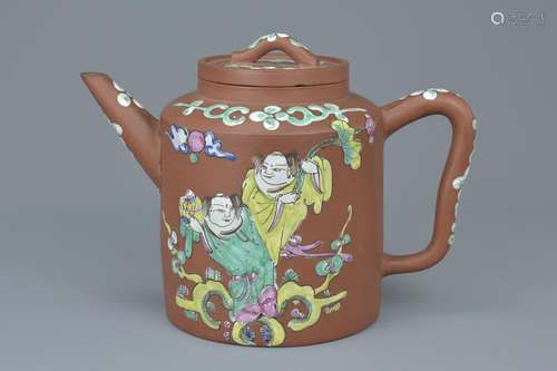 A Chinese Yixing teapot with enamel decoration of