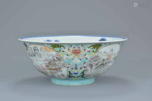 A Chinese polychrome porcelain bowl with blue and white