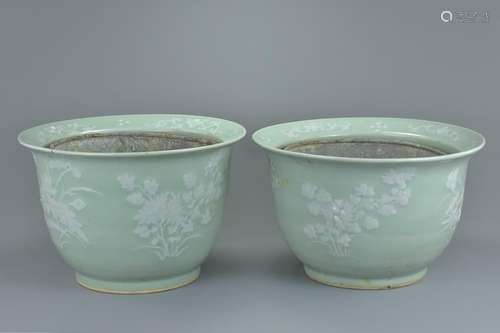 A large pair of 18/19th century Chinese pale celadon