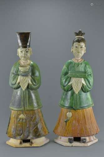 Pair of Ming Dynasty Green and Amber Glazed Figures of