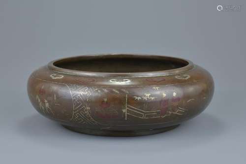 A large Chinese 19/20th century bronze censer with fine