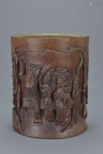 A Chinese 20th century carved bamboo brush pot with