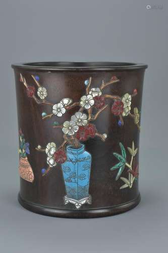 A Chinese 20th century hardwood brush pot with mother