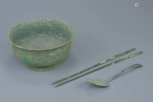 Korean Koryo Dynasty Bronze Bowl, Spoon & Chopsticks