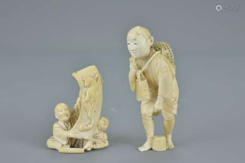 Two 19th century Meiji period Japanese Carved Ivory