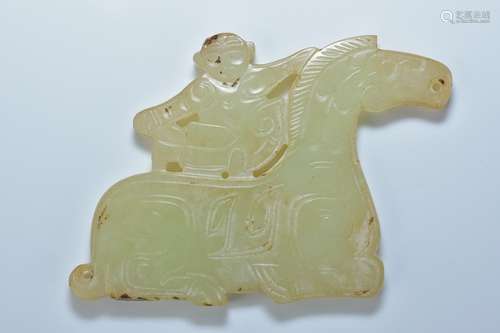 A Chinese jade pendant caved with a monkey on a horse.