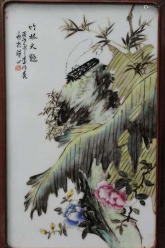 A Pair of Chinese Hardwood Framed Porcelain Painting