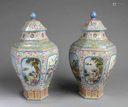 A Pair of Chinese Porcelain Vases with Lid