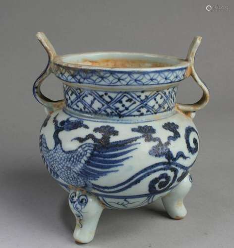 Chinese Blue & White Tripod Censer