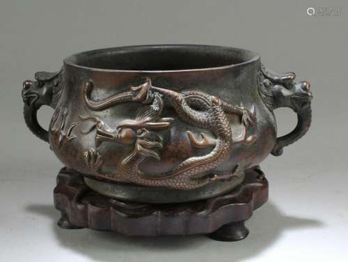 BRONZE CAST 'DRAGONS' CENSER WITH WOODEN STAND