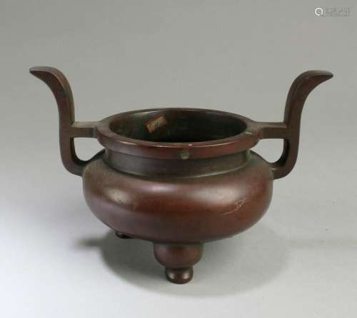 Chinese Bronze Tripod Censer with Twin Handles