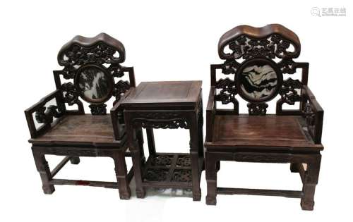 A Set of Two Chinese Hardwood Chairs with One Side