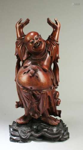 Chinese Wooden Carved Smiling Buddha Statue