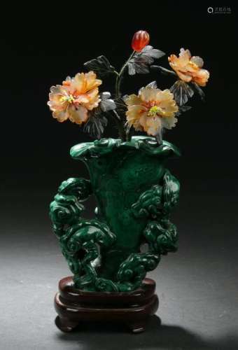 Antique Chinese Carved Malikite Vase with Agate Flower