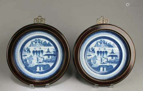 A Pair of Framed Blue & White Porcelain Plates