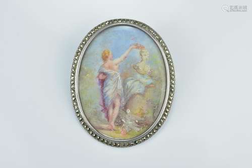 A continental silver brooch with miniature painting of